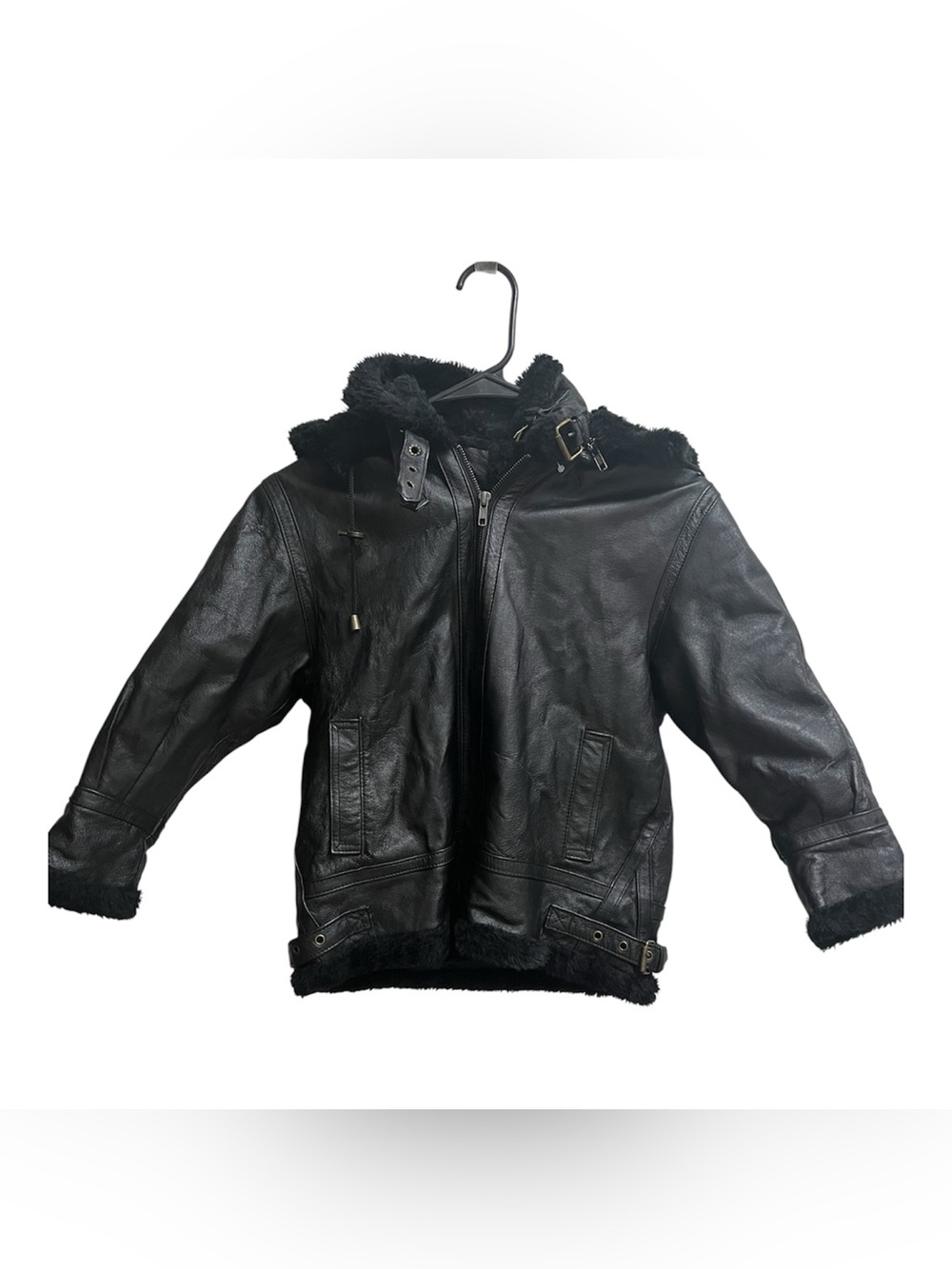 Y2K Black Hind Leather Faux Fur Buckle Neck Hooded Moto Bomber Jacket SZ 5 XS